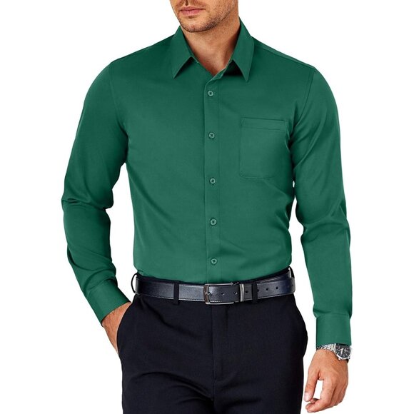 Bright Green Mens Dress Long Sleeve Button Down Wrinkle Free Shirt with Pocket - Picture 1 of 6